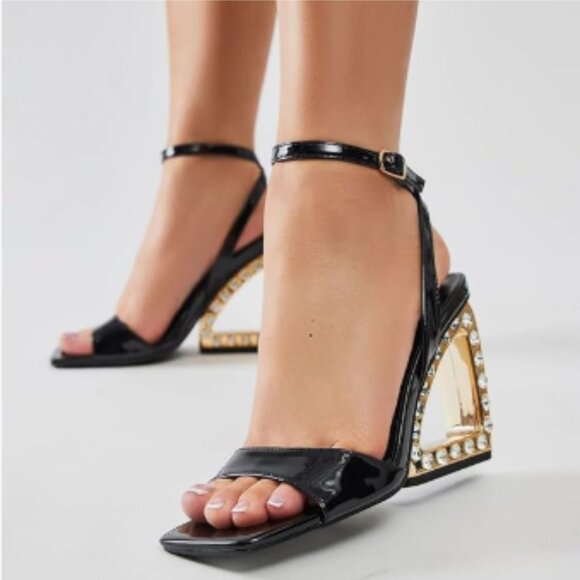 XYD Black Unique Triangle Jewelled High Heel Square Open Toe Ankle Strap Sandals - Picture 1 of 8